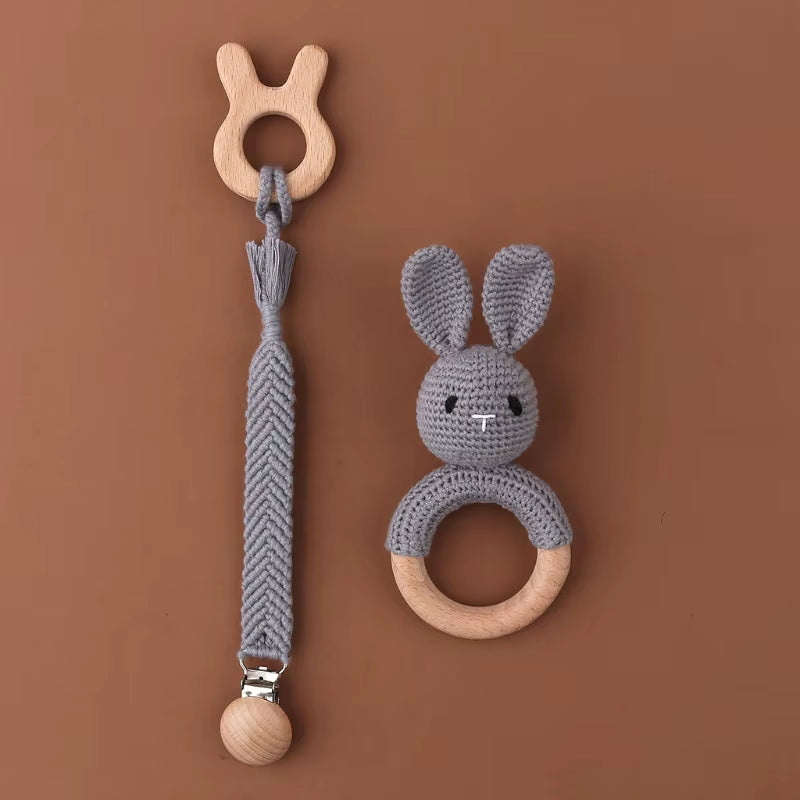 Adorable Handcrafted Crochet Baby Deer and Rabbit Stuffed Dolls with Wooden Teething Ring and Pacifier Chain Clips