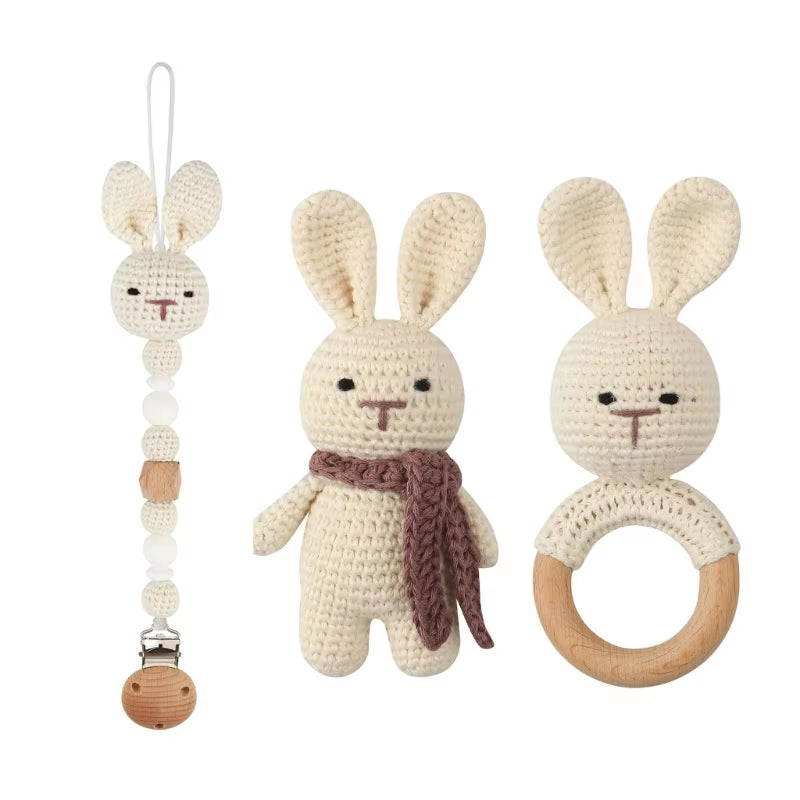 Adorable Handcrafted Crochet Baby Deer and Rabbit Stuffed Dolls with Wooden Teething Ring and Pacifier Chain Clips