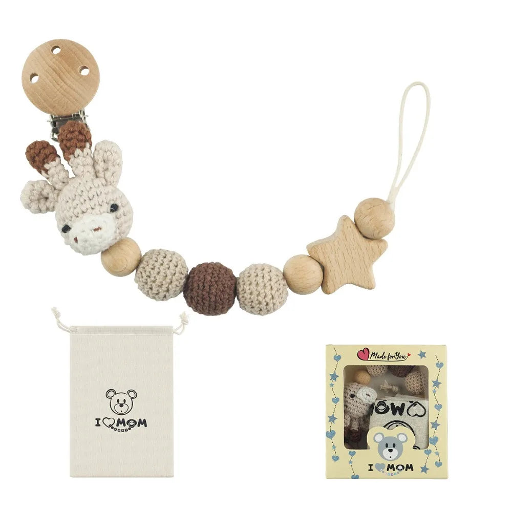 Baby Wooden Pacifier Clip Wood Crochet Cartoon Teething Soother Chain for BPA Free Nursing Chew Toy Baby Dummy Holder Chain