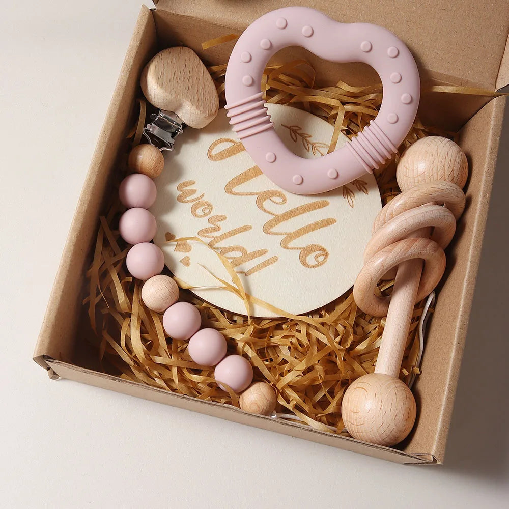 Delightful Baby Rattle Teether Pacifier Heart Set - Perfect Gift for Newborns!