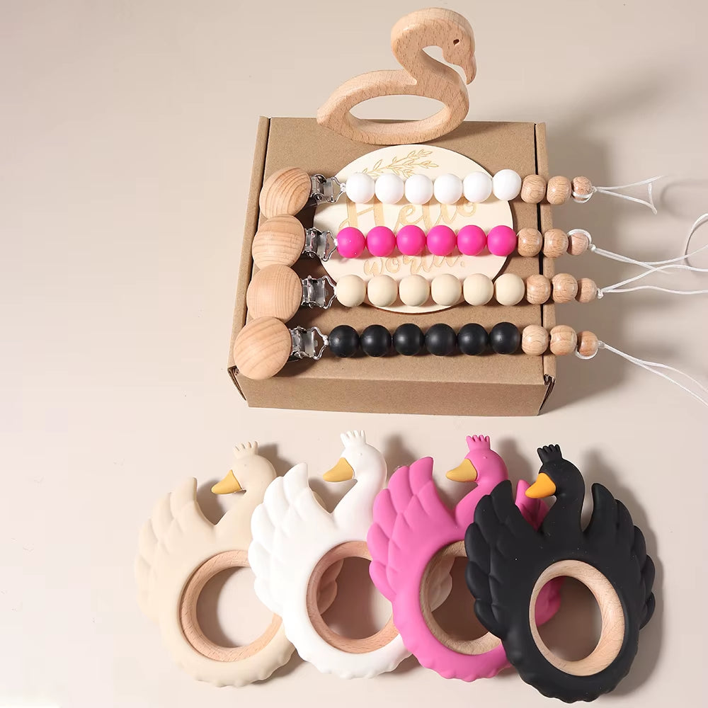 Delightful 4-Piece Swan Teether Baby Bibs Gift Set with Flamingo Teething Pacifier Chain - Perfect for Newborn Photography!