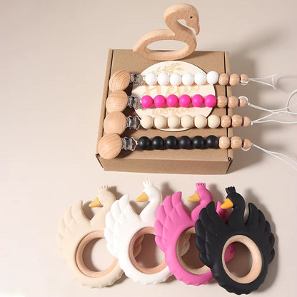 Delightful 4-Piece Swan Teether Baby Bibs Gift Set with Flamingo Teething Pacifier Chain - Perfect for Newborn Photography!