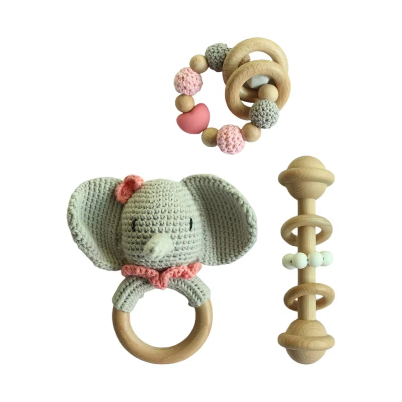 Adorable Handcrafted Crochet Baby Deer and Rabbit Stuffed Dolls with Wooden Teething Ring and Pacifier Chain Clips