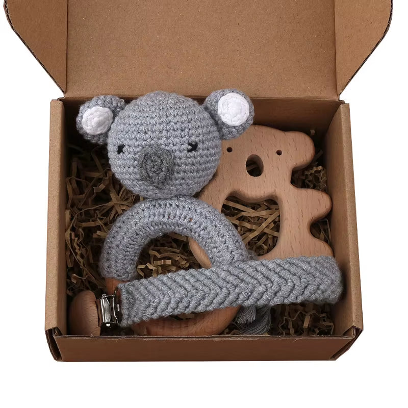 Adorable Handcrafted Crochet Baby Deer and Rabbit Stuffed Dolls with Wooden Teething Ring and Pacifier Chain Clips