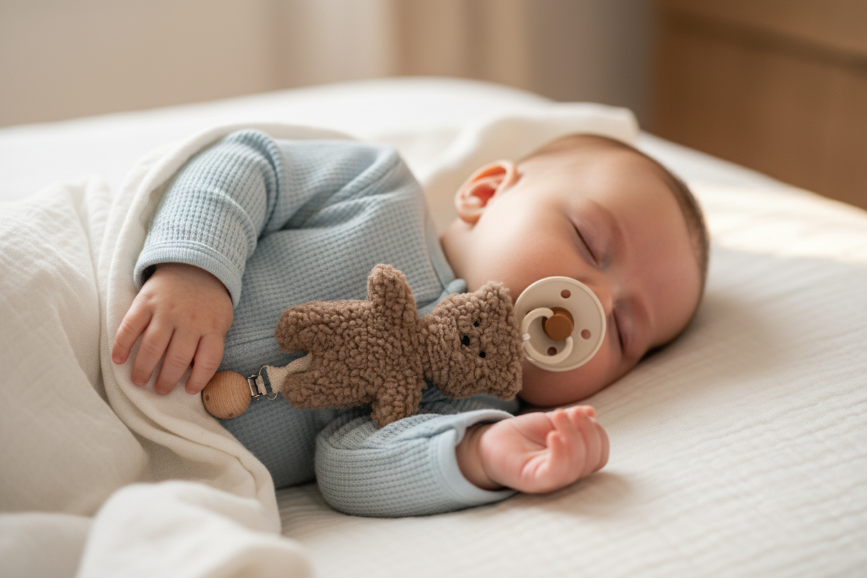 Sleeping baby with pacifier chain